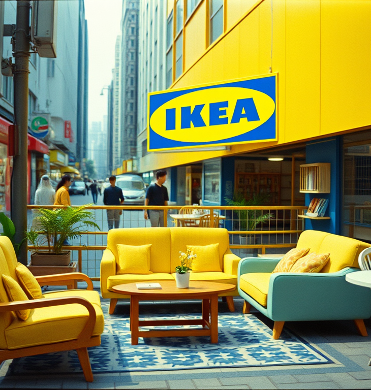 IKEA Hong Kong outdoor furniture display featuring yellow and blue seating, wooden coffee table, and IKEA signage, used to illustrate meme marketing and social media strategy.