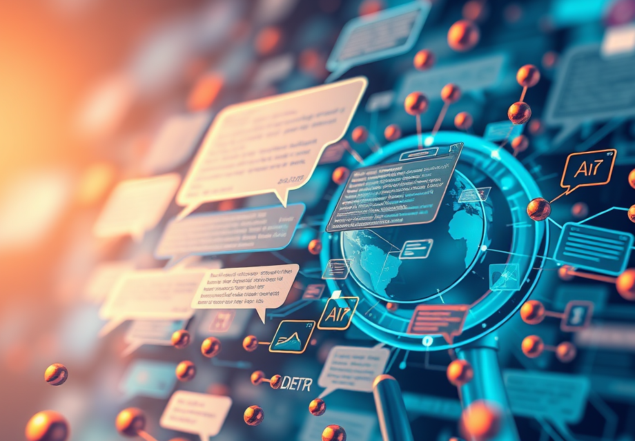 Futuristic AI interface with global data nodes and floating analysis panels, symbolizing intelligent brand strategy development.
