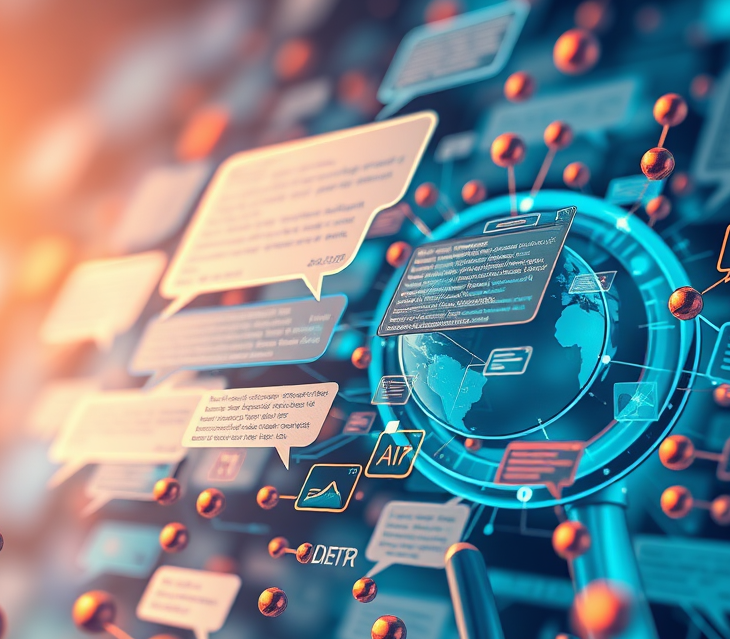 Futuristic AI interface with global data nodes and floating analysis panels, symbolizing intelligent brand strategy development.