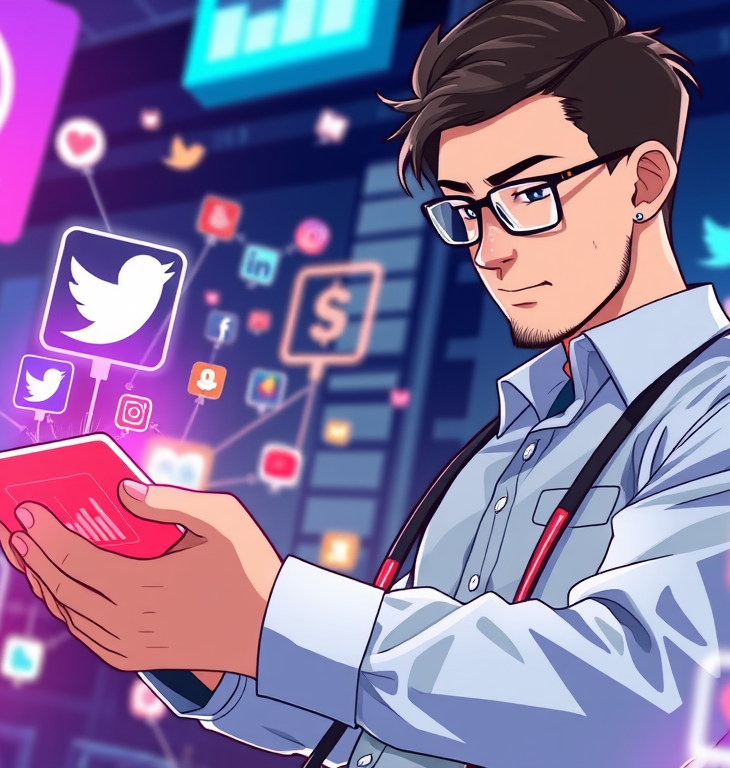 Business professional using a tablet surrounded by glowing social media icons in a futuristic cityscape, symbolizing AI-powered social media management.