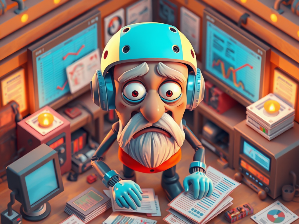 Cartoon-style elderly man with sensors on his helmet, surrounded by data screens and control panels, representing AI decision-making and cognitive overload.