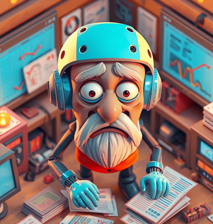 Cartoon-style elderly man with sensors on his helmet, surrounded by data screens and control panels, representing AI decision-making and cognitive overload.