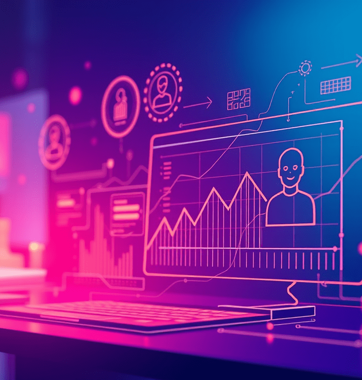 Digital illustration of a computer screen displaying user data, analytics charts, and personalization icons, representing AI-driven hyper-personalization in marketing.