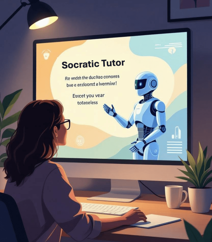 Person in a cozy workspace viewing a digital presentation led by a humanoid AI tutor labeled “Socratic Tutor,” highlighting the role of AI in guiding deep, personalized learning.