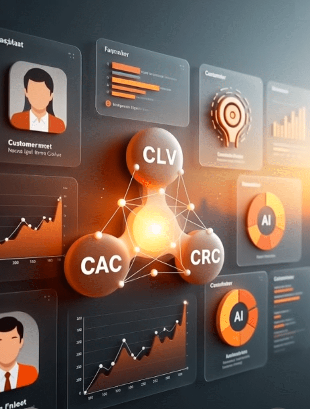 Infographic showing the triangular relationship between CLV (Customer Lifetime Value), CAC (Customer Acquisition Cost), and CRC (Customer Retention Cost), surrounded by data charts and AI-driven marketing icons.