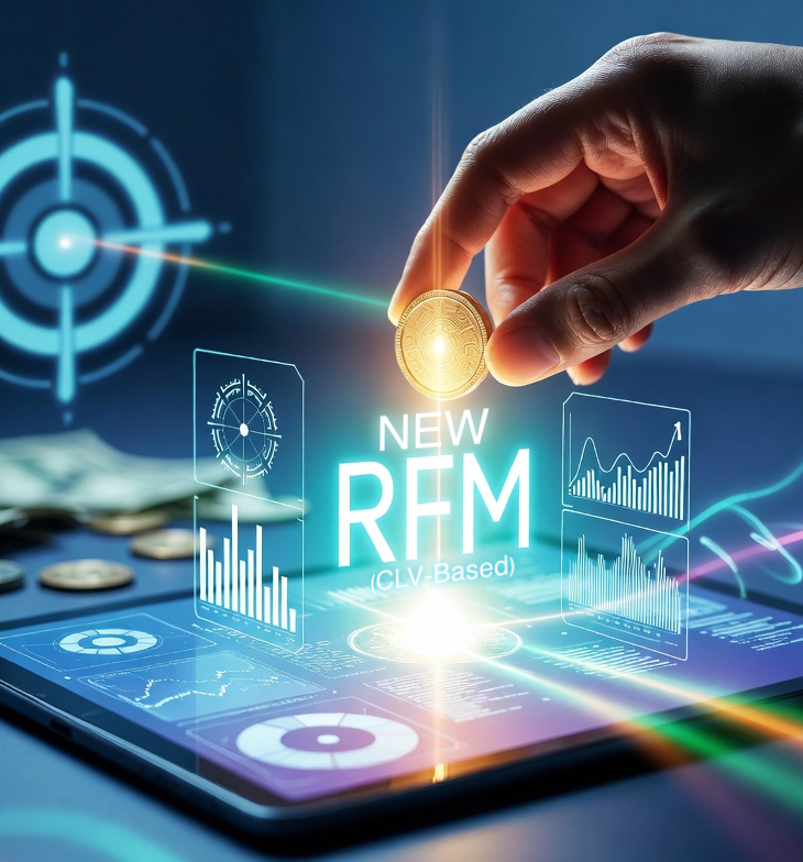 Futuristic digital illustration showing a hand holding a coin above a tablet with financial graphs, holographic charts, and the text “NEW RFM (CLV-Based),” representing AI-powered customer segmentation and targeting.