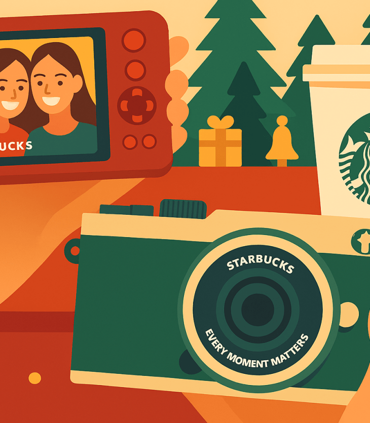 Illustration of hands holding retro-style cameras with Starbucks branding, capturing joyful moments in a festive setting.