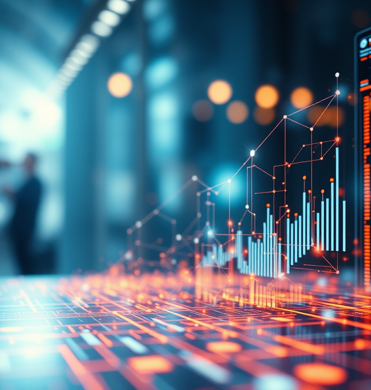 Futuristic interface showing circuit board visuals, data graphs, and analytics screens, symbolizing AI-powered strategic transformation.