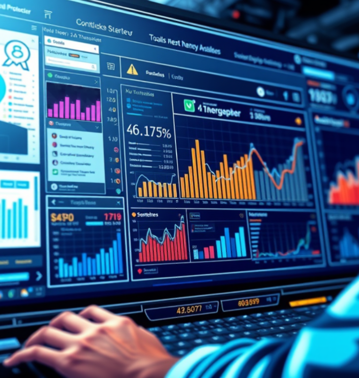 Person interacting with a digital dashboard displaying charts, graphs, and performance metrics in a data-driven workspace.