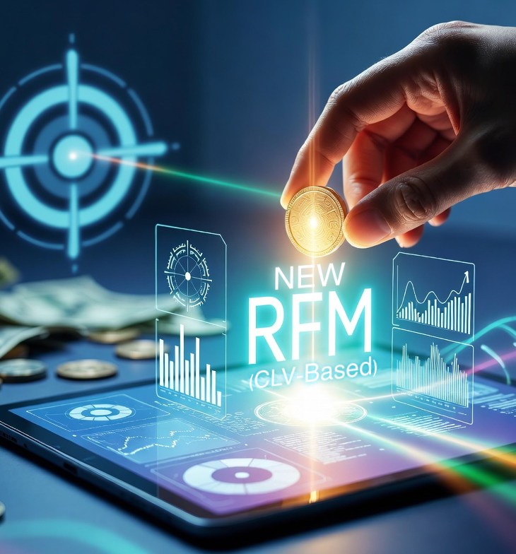 Digital artwork of a hand holding a coin above a tablet with holographic charts, graphs, and financial data, labeled “NEW RFM (CLV-Based)".